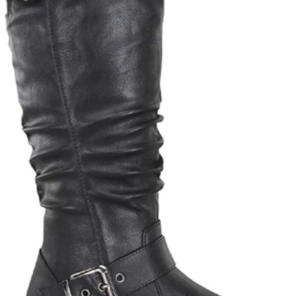 Women's Mid Calf Round Toe Buckle Slouched Flat Boots - Picture 1 of 2